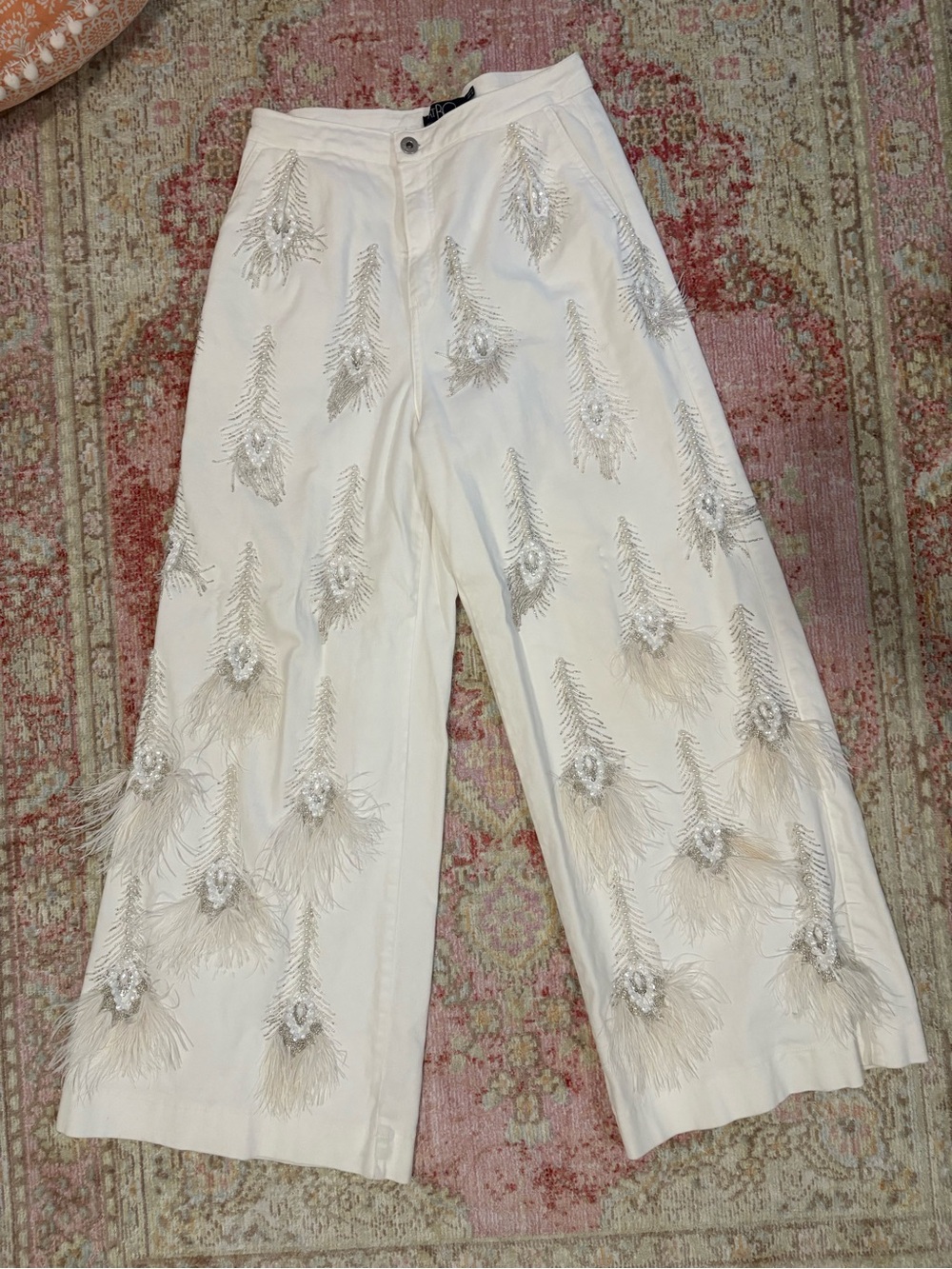 PatBO White Embellished Wide-Leg Pants with Feather & Bead Details